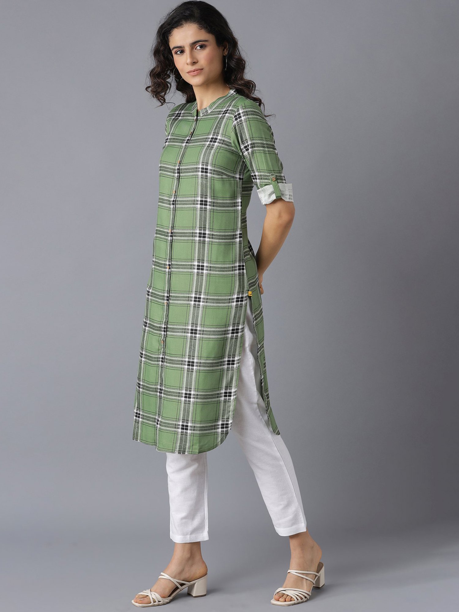 Aurelia Green Chequered Kurta Pant Set