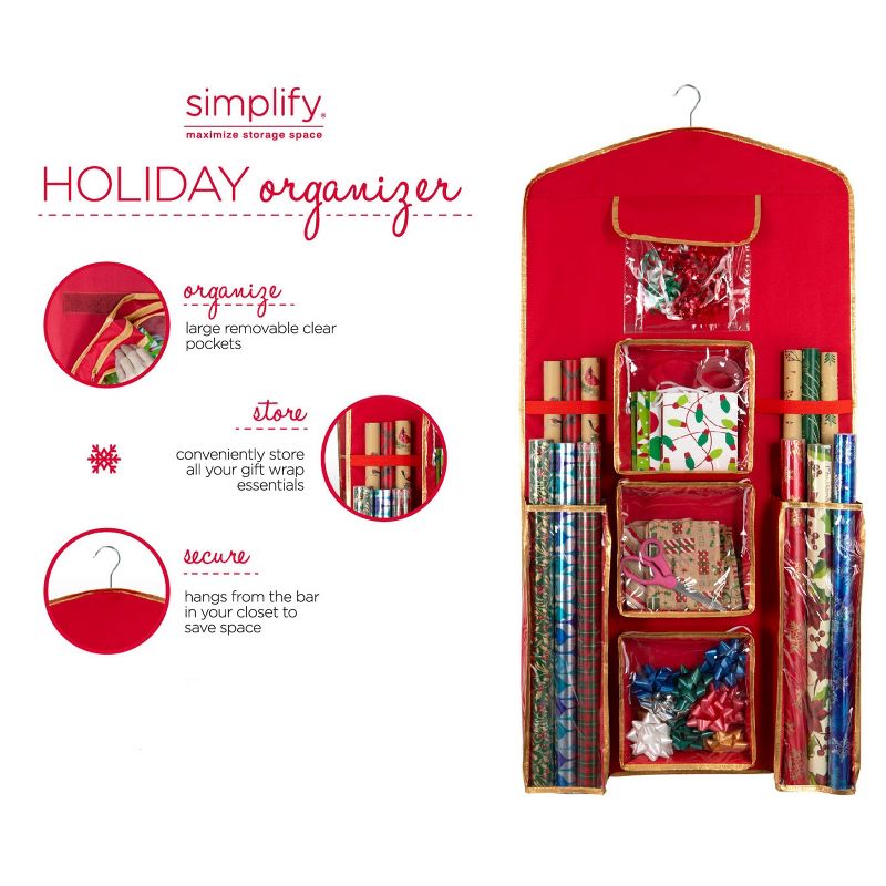 Holiday Hanging Gift Wrap Organizer with 4 Front Pockets - Simplify