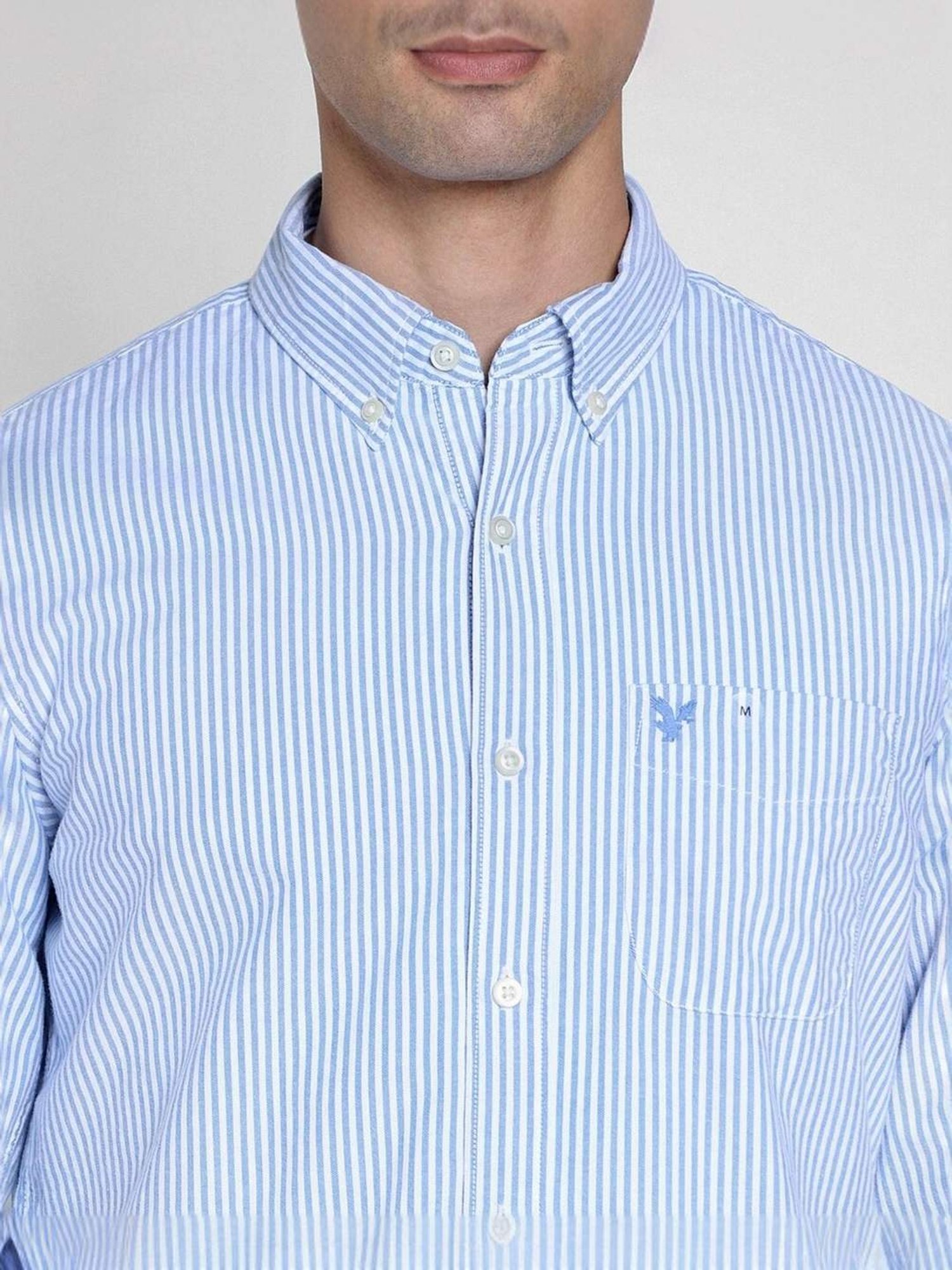 American Eagle Blue Cotton Slim Fit Striped Shirt