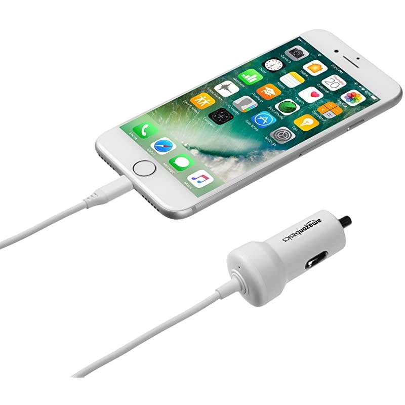 Basics Straight Cable Lightning Car Charger, 5V 12W, 3 Foot, White