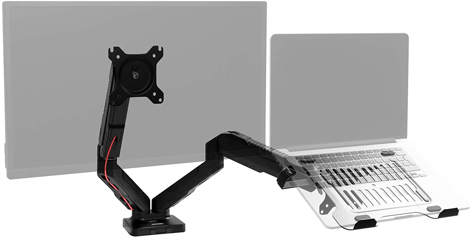 Duronic DMDCL1X1 Monitor Arm Stand | Dual Twin PC Desk Mount | Height Adjustable | For 15-27 Inch LED LCD Screen and Laptop | VESA 75/100 | 8kg Capacity | Tilt +90&deg;/-45&deg;, Swivel 180&deg;, Rotate 360&deg;