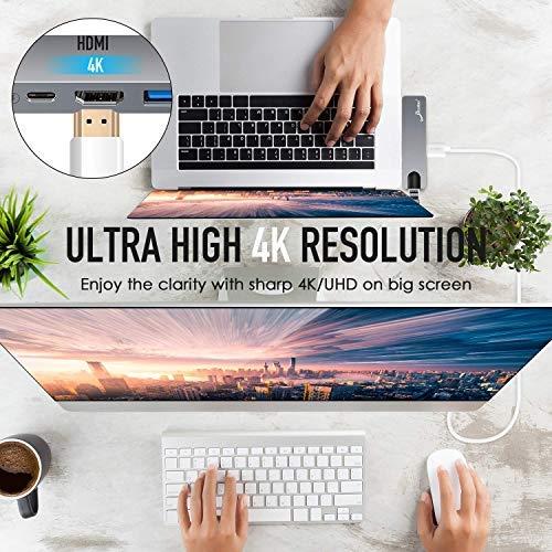USB C Hub Adapter, 7 in 1 Thunderbolt 3 Type C Dongle for 2018/2017/2016 MacBook Pro with 4K HDMI, Gigabit Ethernet, 100W Power Delivery, SD Card Reader, USB 3.0 Ports (Grey)