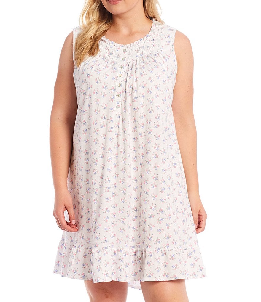 Miss Elaine Petite Silky Knit Square Neck Short Sleeve Checked Print Short Nightgown