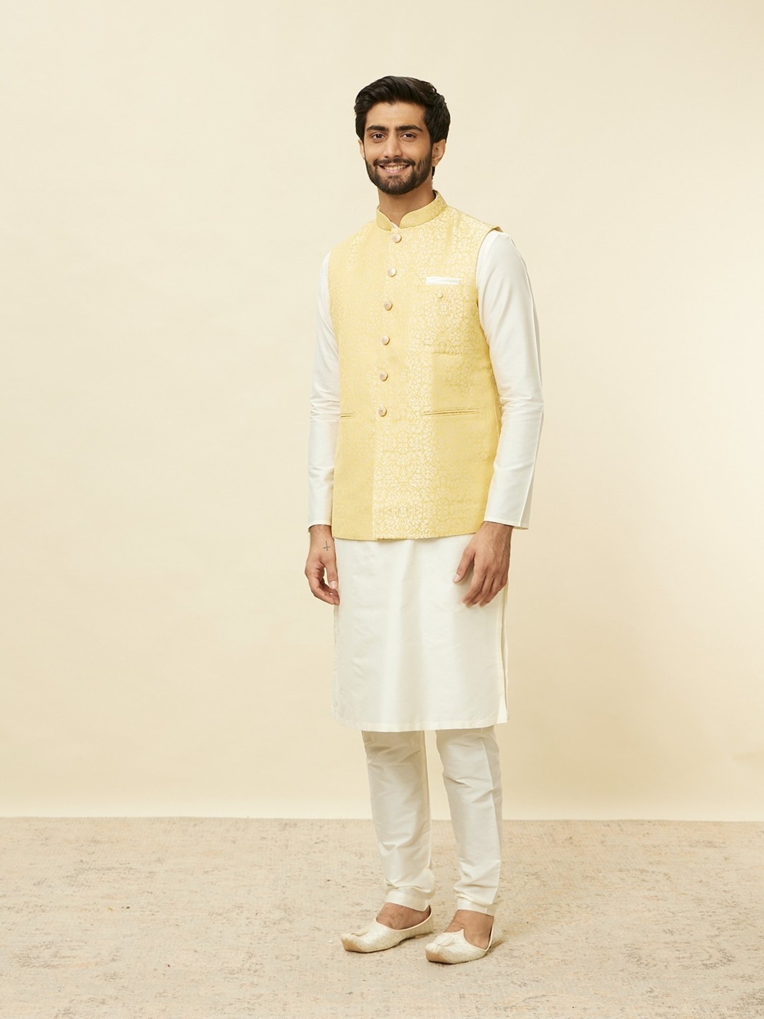 Manyavar Yellow Regular Fit Self Pattern Nehru Jacket