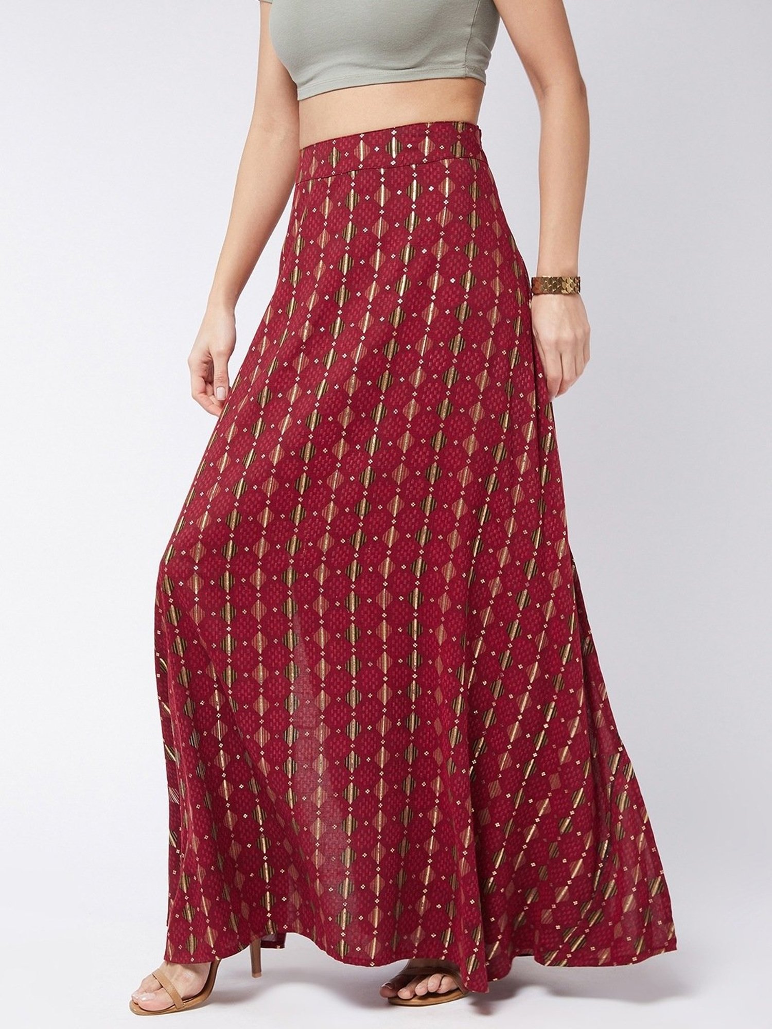 Inweave Red Cotton Printed A-Line Skirt