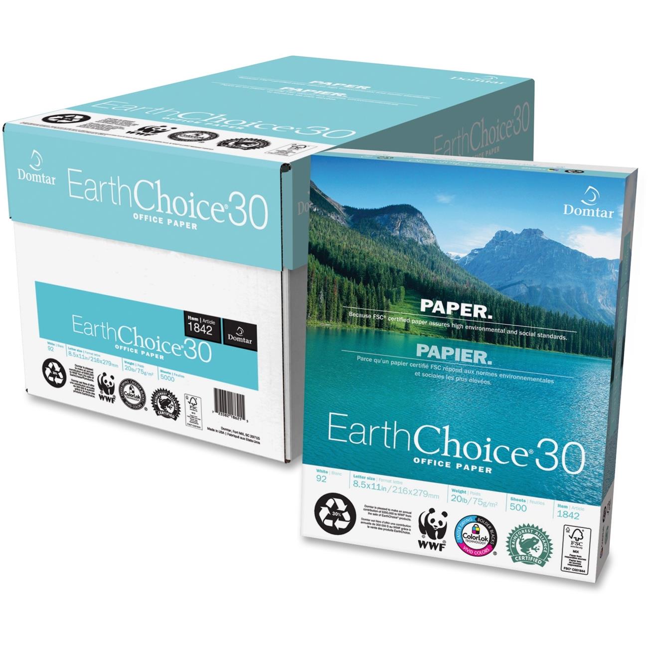 Domtar 1842 EarthChoice 30 Recycled Office Paper, 8.50" x 11", 20 lb Basis, 92 Brightness, White - 1 Carton (5000 Sheets)