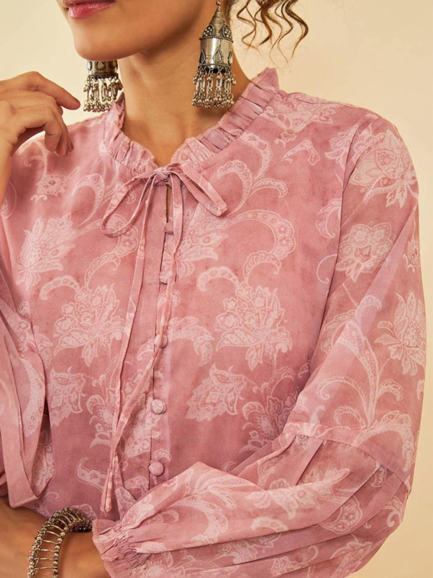 Soch Peach Georgette Floral Printed Ruffle Neck Tunic With Tie-Ups