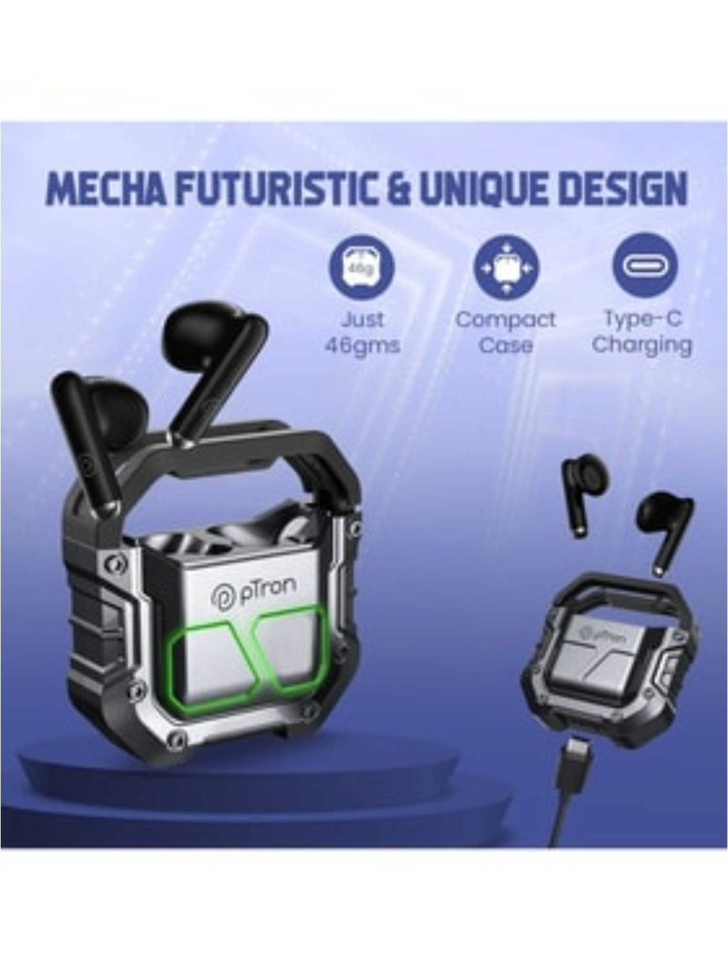 PTron Bassbuds Xtreme Bluetooth Truly Wireless Earbuds with Mic, 32 Hours Playtime (Grey/Black)