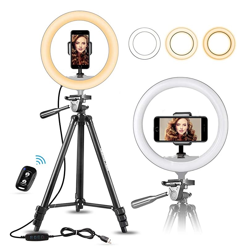 10" Selfie Ring Light with 50" Extendable Tripod Stand & Phone Holder for Live Stream/Makeup, Mini Desktop Led Camera Ringlight for YouTube Video, Compatible with iPhone/Android