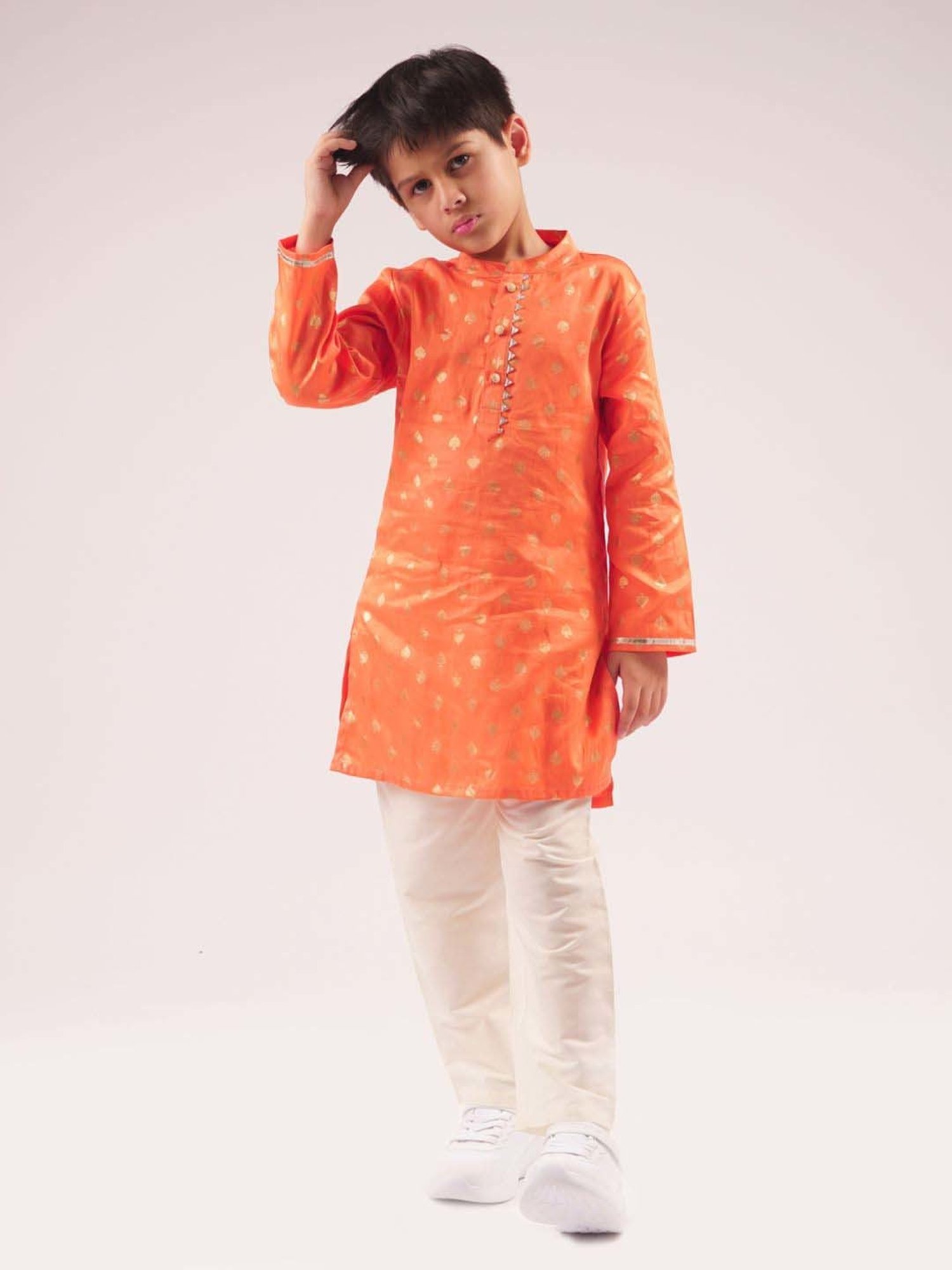 Lil Drama Kids Orange & White Cotton Embroidered Full Sleeves Kurta Set