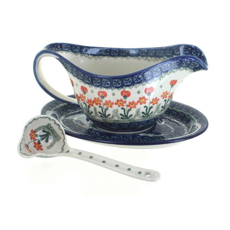 Blue Rose Polish Pottery Peach Posy Gravy Boat & Ladle