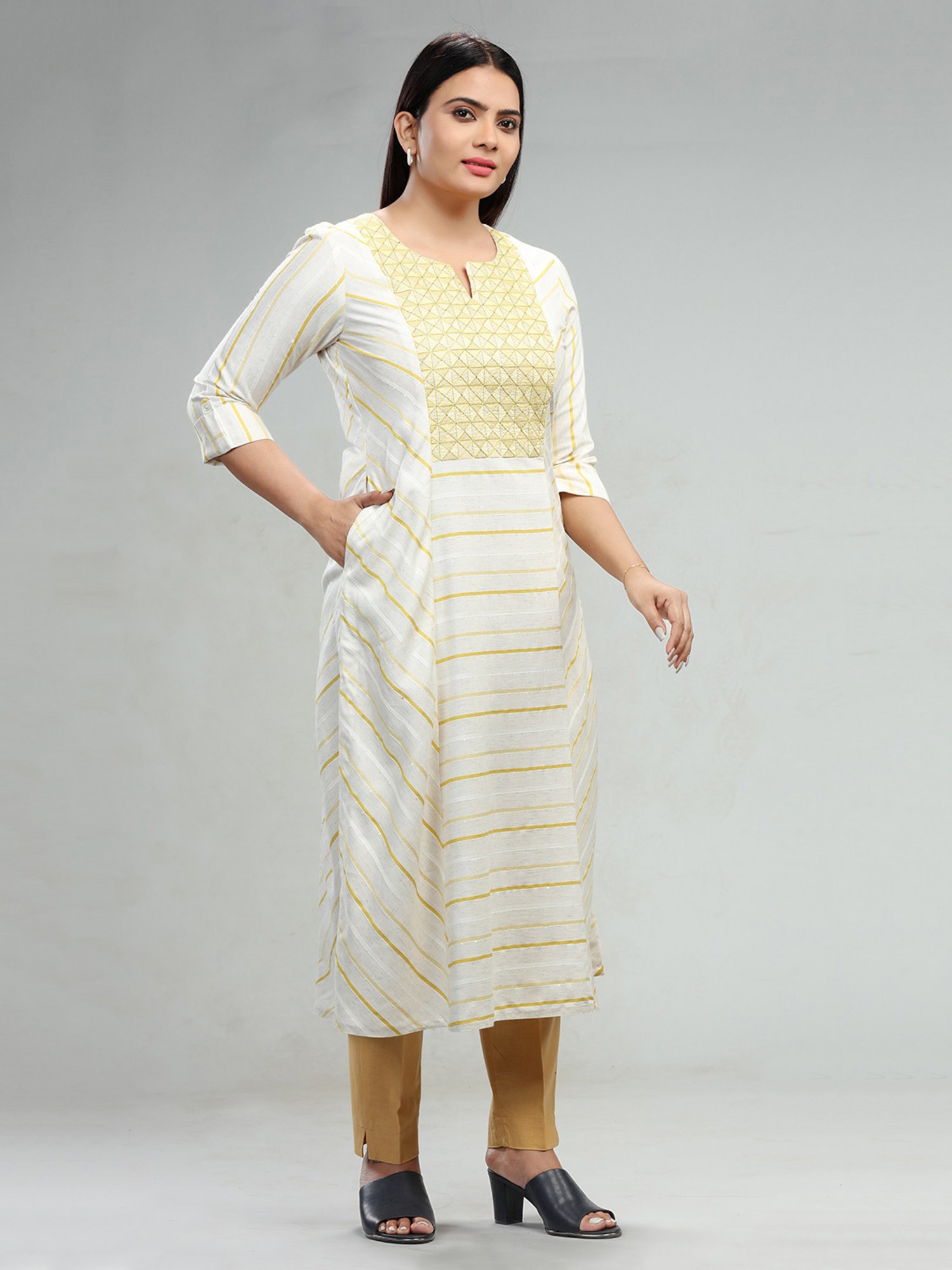 Cotton Culture Cream & Yellow Embroidered A Line Kurta