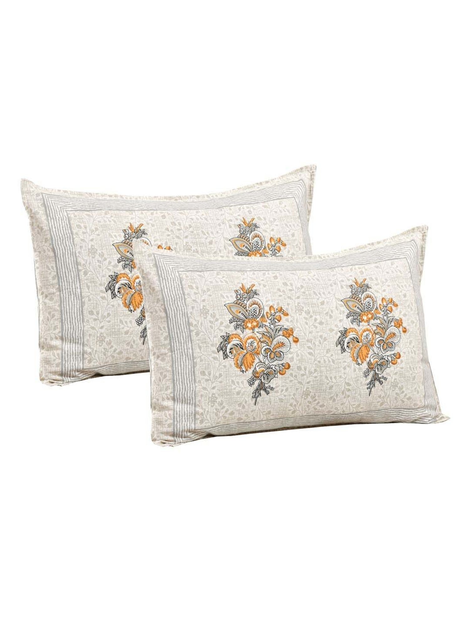 JaipurFabric Grey & Orange 180 TC 100% Cotton Beautiful Bouquet Double Bedsheet with 2 Pillow Covers