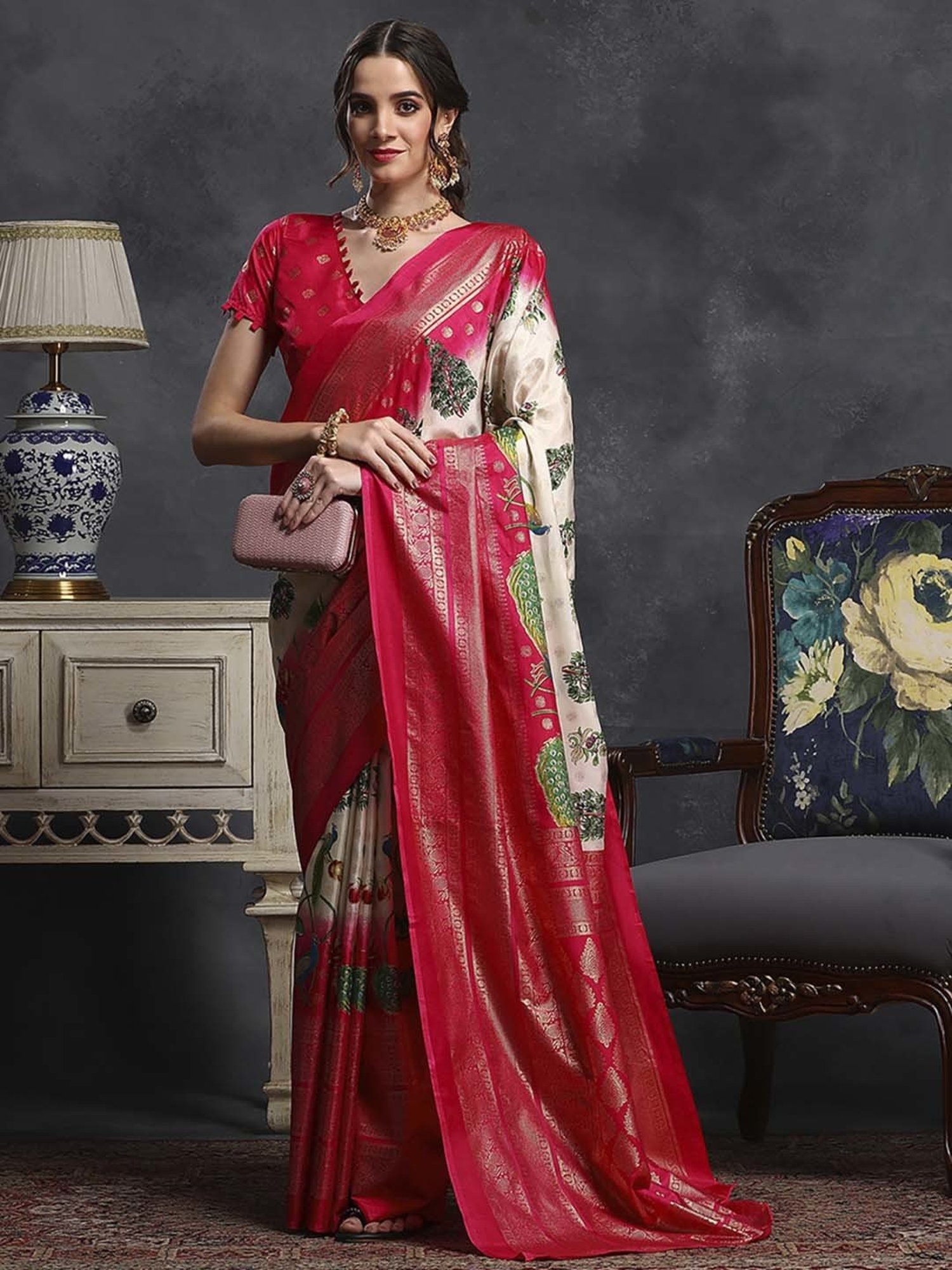 Saree Mall Beige & Pink Silk Printed Saree With Unstitched Blouse