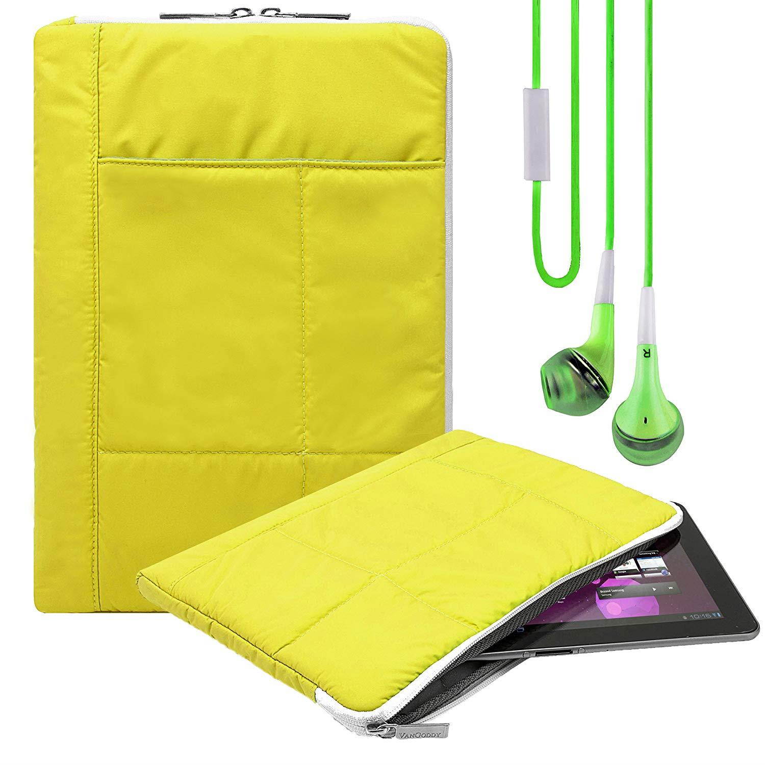 Pillow Zippered Sheen Quilted Sleeve [GRN] For Huawei MediaPad 10.1-inch/iBall Slide 10.1/Impecca DVP 9-inch + Earbuds
