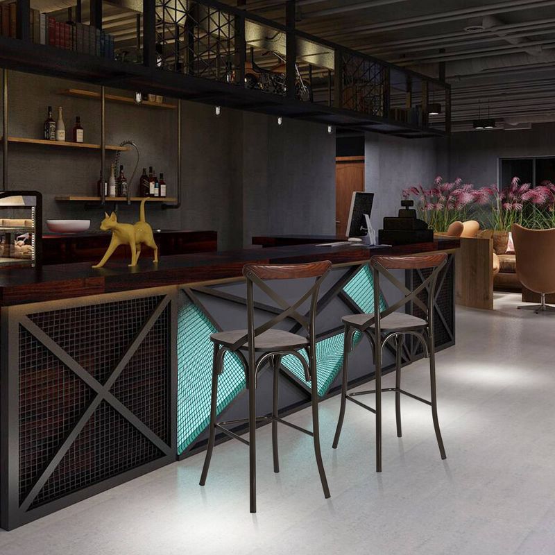 Set of 2 Steel Barstools with Solid Elm Wood Seat and Back Support Rustic - Glitzhome