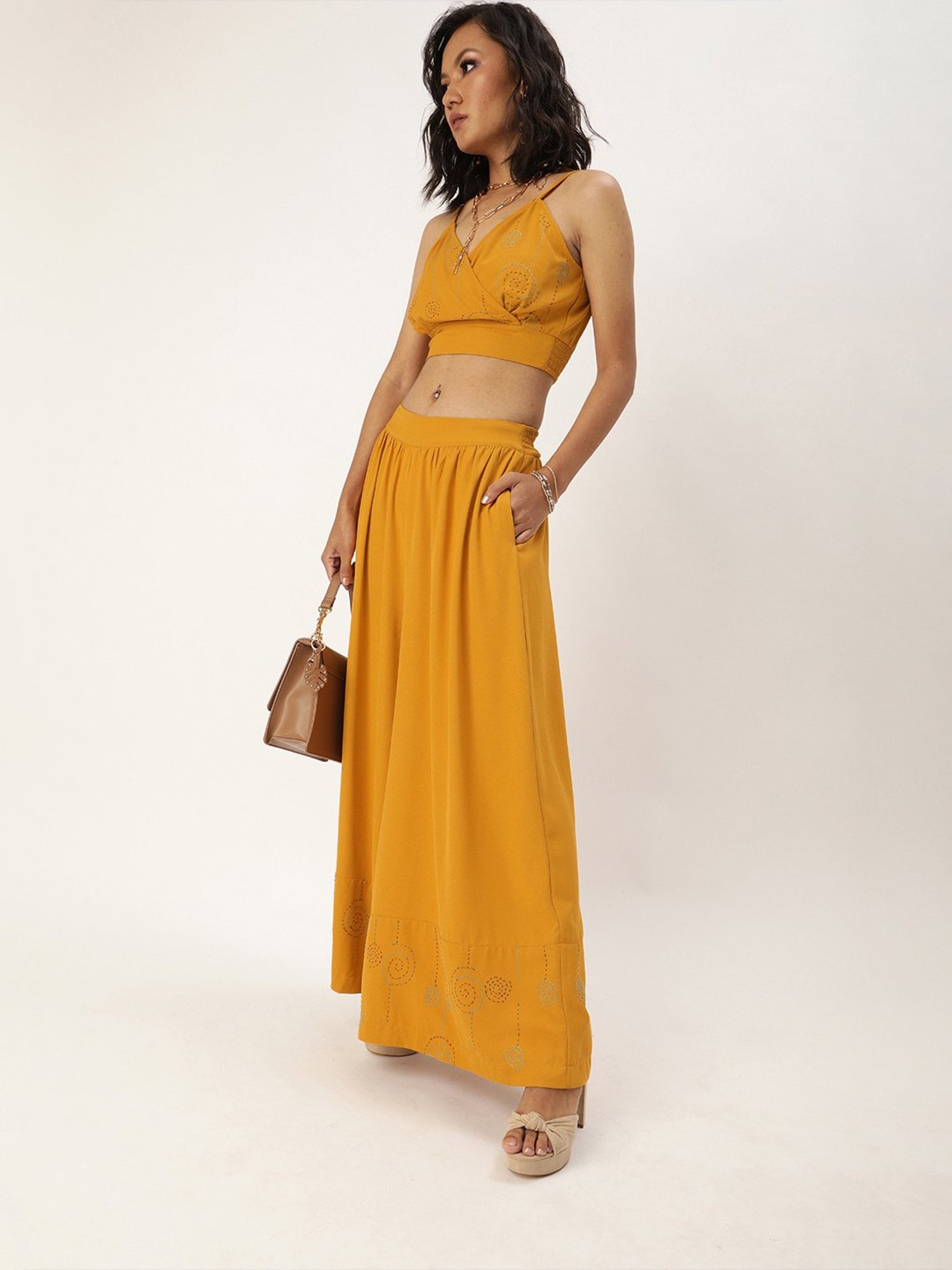 QUIERO Mustard Embroidered Crop Top With Pants
