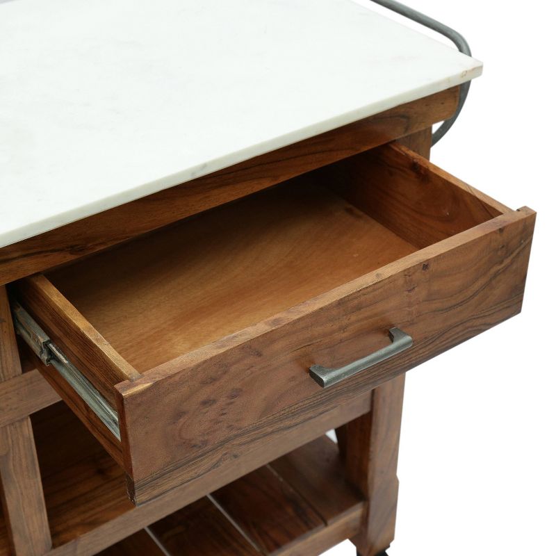 Depolo Rustic Glam Handcrafted Marble Top Acacia Wood Kitchen Cart with Wheels Natural/Natural White - Christopher Knight Home
