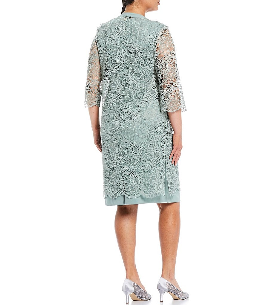 Le Bos Plus Size V-Neck 3/4 Sleeve 2-Piece Lace Jacket Dress