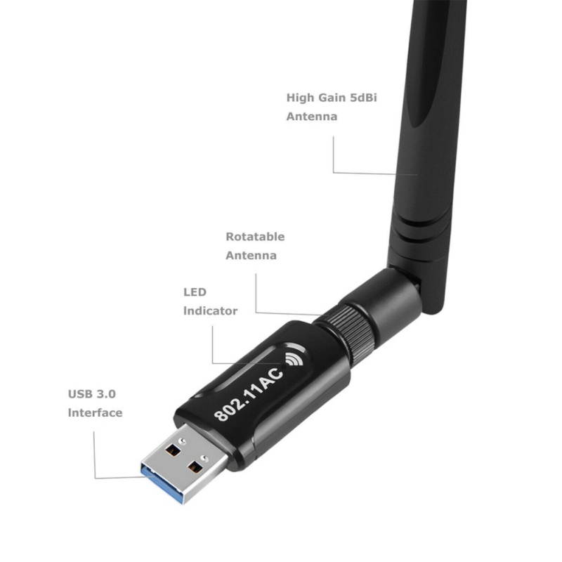USB WiFi Adapter 1200Mbps Techkey USB 3.0 WiFi 802.11 ac Wireless Network Adapter with Dual Band 2.4GHz/300Mbps 5GHz/867Mbps High Gain Antenna for Desktop Windows XP/Vista / 7-10 Mac