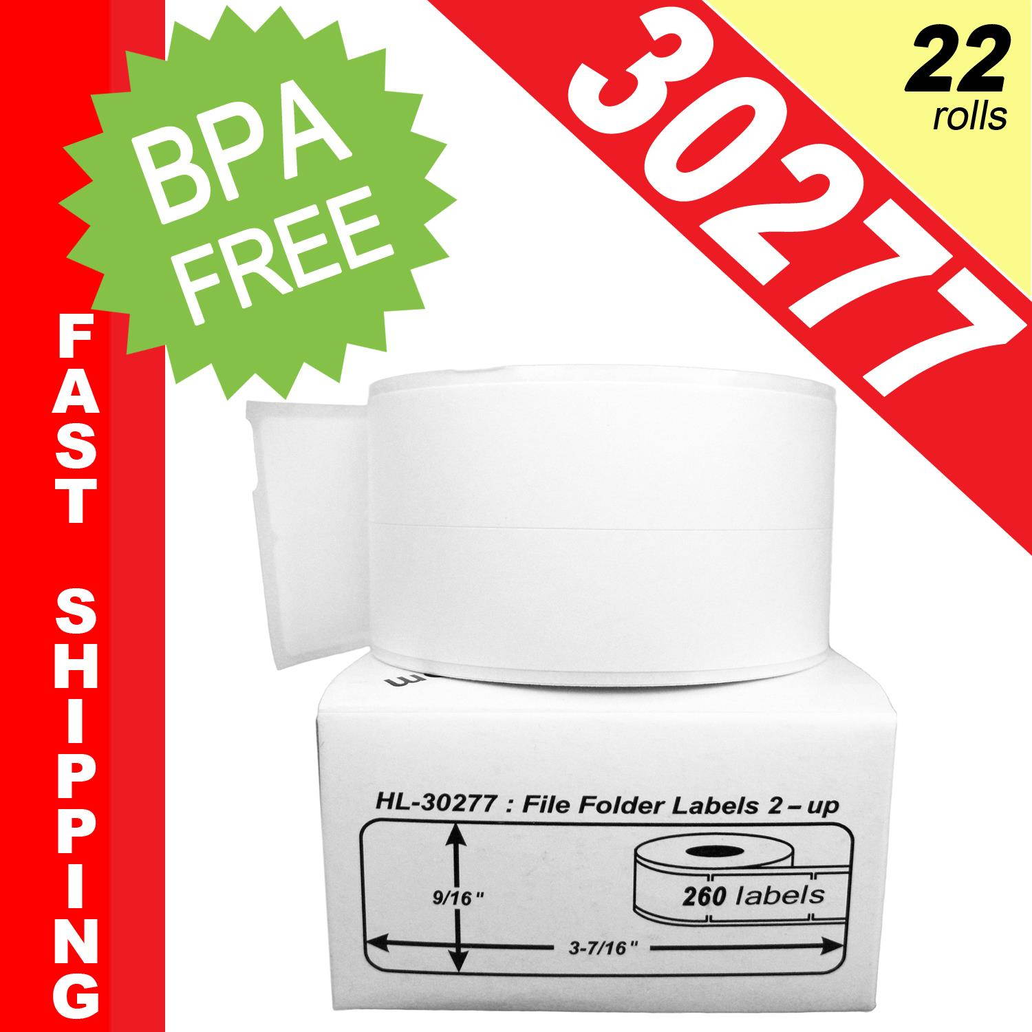 DYMO-Compatible 30277 File Folder Labels 2-Up (9/16" x 3-7/16") -- BPA Free! (100 Rolls; 260 Labels per Roll)