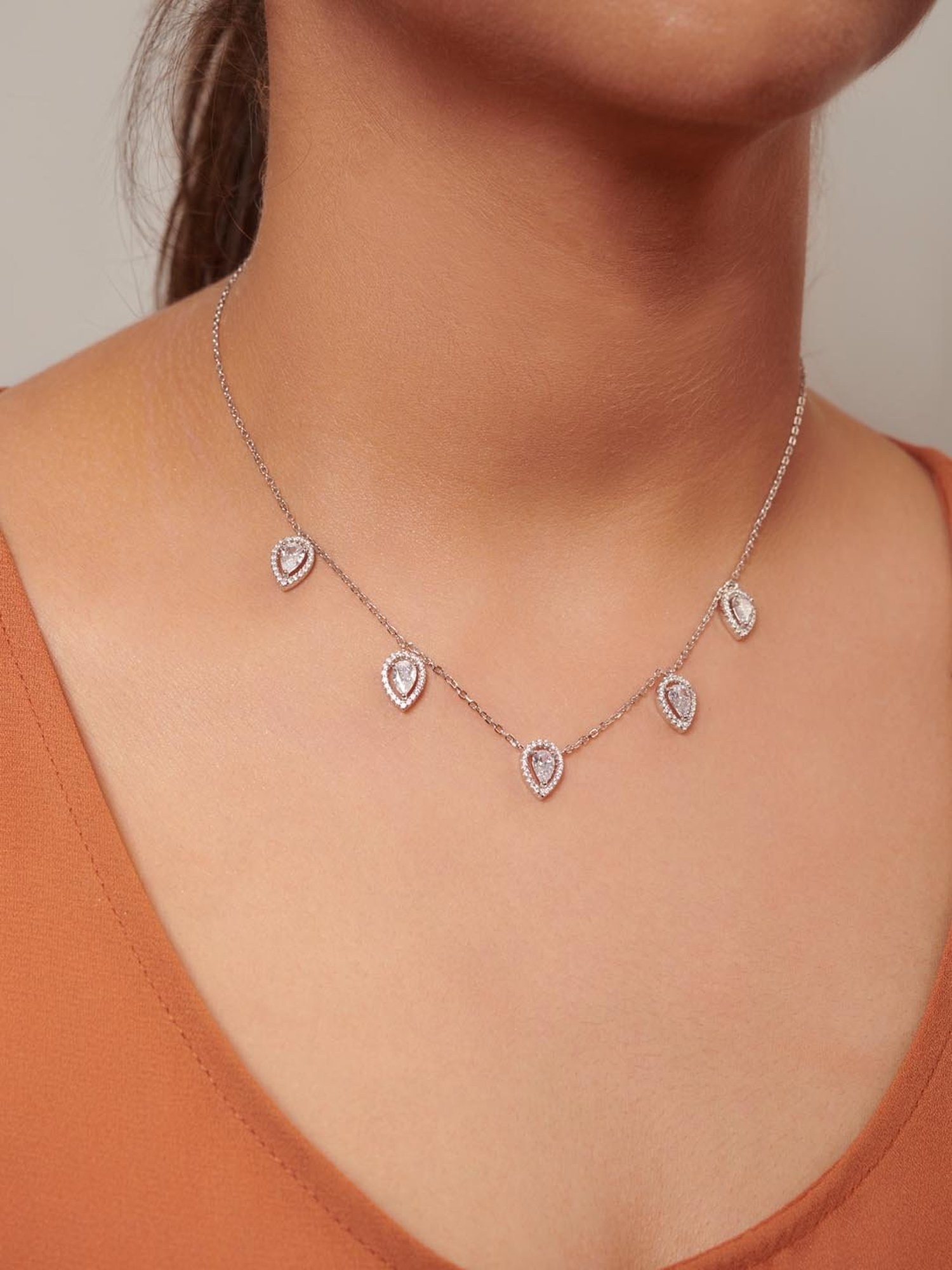Curio Cottage 92.5 Sterling Silver Leaflet Necklace with Cubic Zirconia Stones for Women
