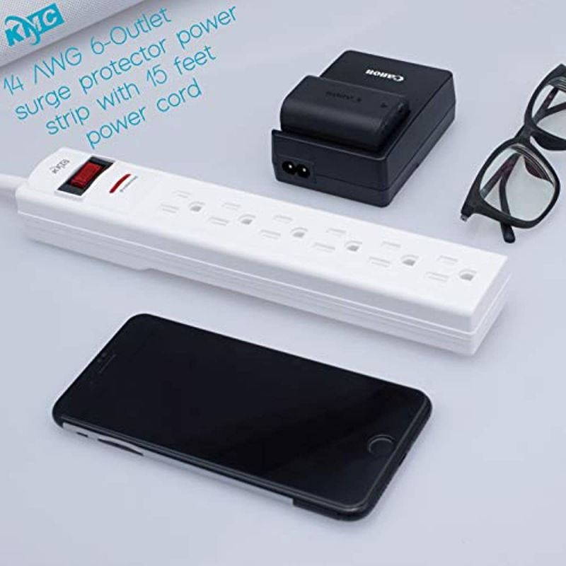 KMC 6-Outlet Surge Protector Power Strip with 15-Foot Cord, 1200 Joule, Overload Protection