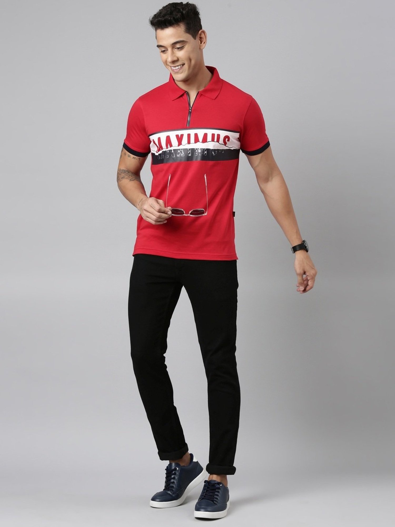 Dixcy Scott Maximus Red Cotton Regular Fit Printed Polo T-Shirt