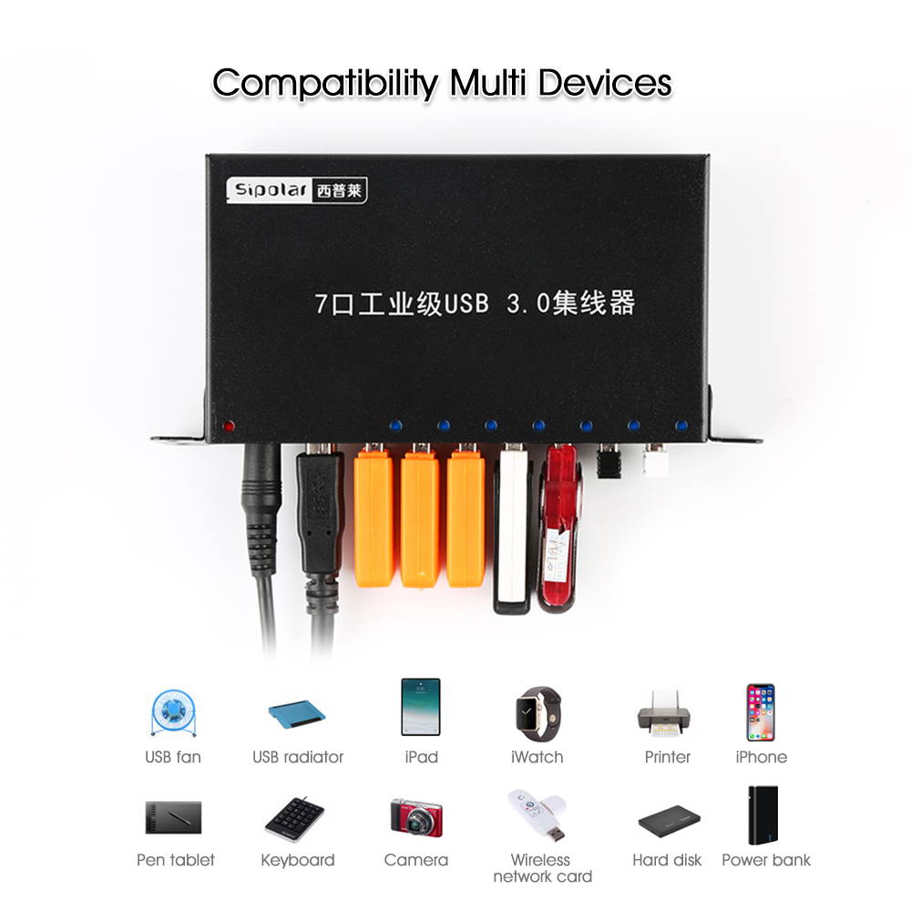 Aluminum 7 Ports USB 3.0 Charger Hub Multi Port USB Splitter With 12V 3A Power Adapter LED Indicator Bracket A-173 1.0M date cable with us plug adapter