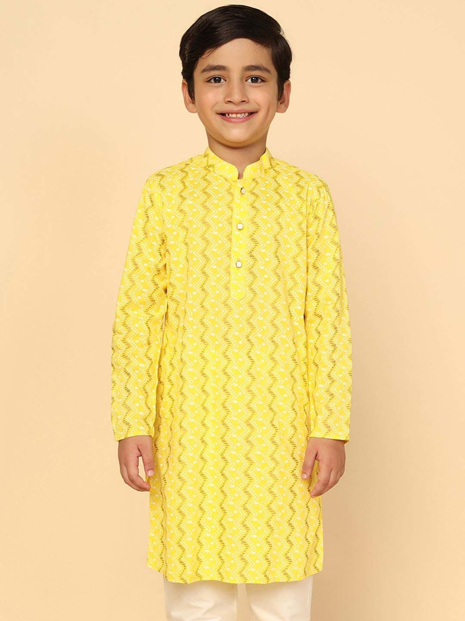 KISAH Kids Yellow Cotton Printed Full Sleeves Kurta