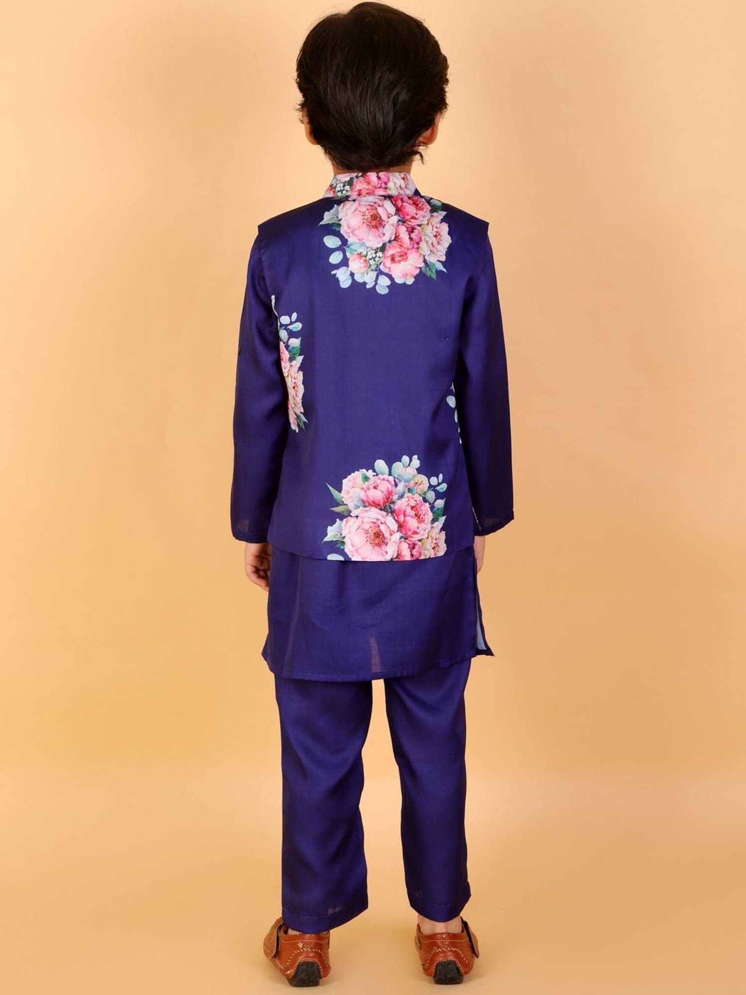 Lil Drama Kids Blue & Pink Floral Print Full Sleeves Kurta Set