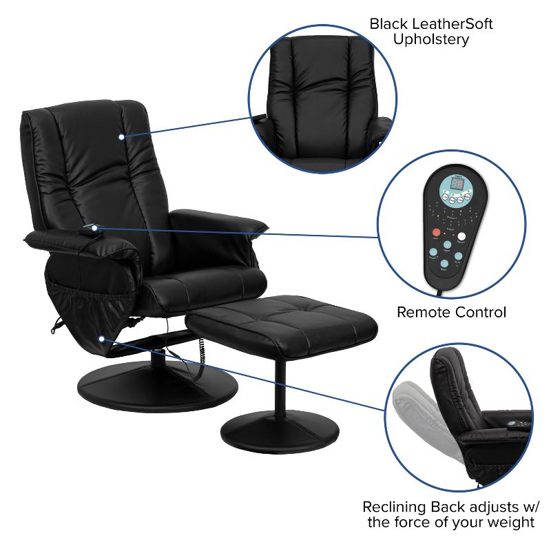 Flash Furniture Massaging Heat Controlled Adjustable Recliner and Ottoman with Wrapped Base in Black LeatherSoft