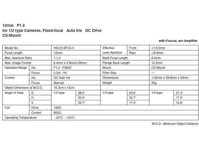Computar Ganz High Quality CCTV Camera Lens HG1214FCS 1/2" 12mm f1.4 DC Auto Iris w/4-pin mini connector short cable (CS Mount)
