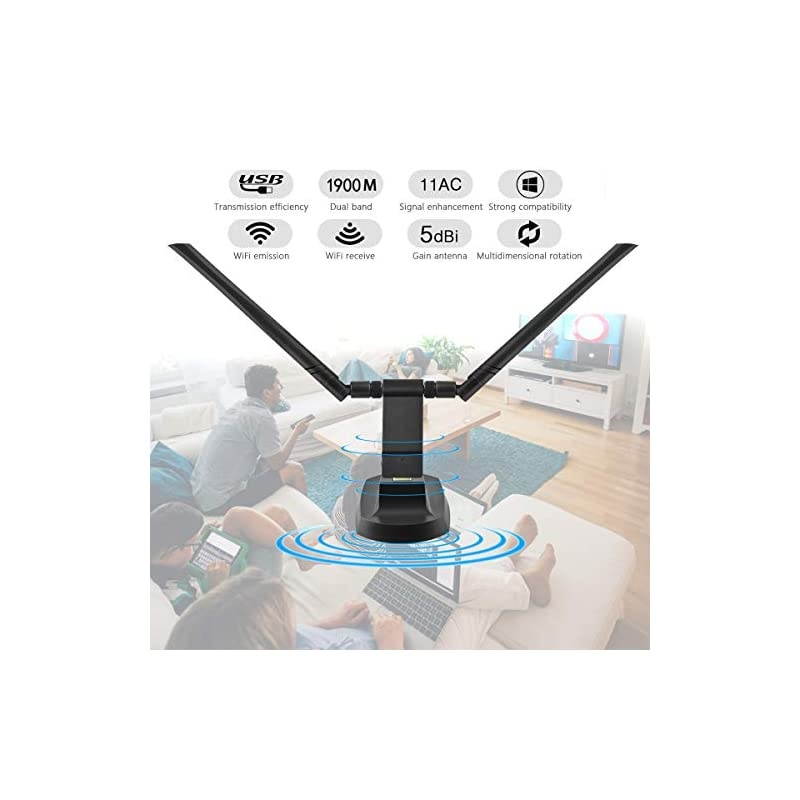 WiFi Adapter, 1900Mbps Dual Band 2.4GHz/600Mbps 5.8GHz/1300Mbps High Gain 5dBi Antennas 3.0 Wireless Network Adapter for PC Desktop Laptop with Windows 10/8/7/XP/Vista, Mac OS