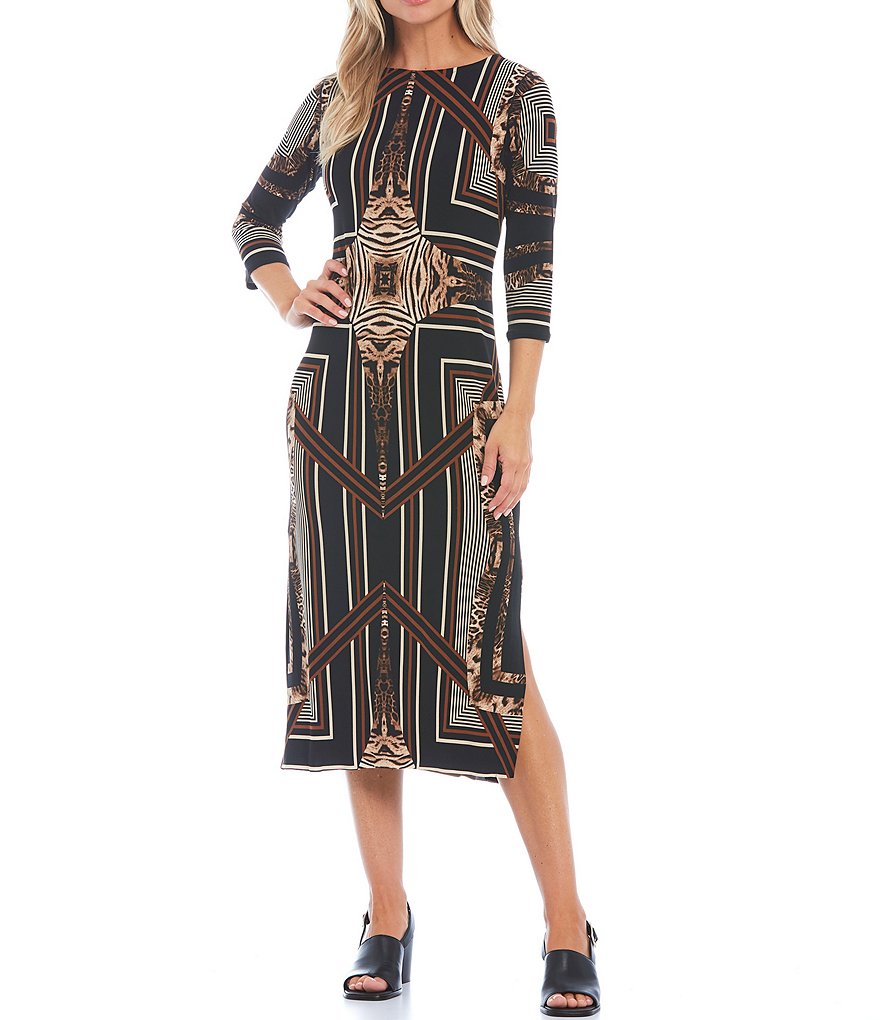 Eva Varro Medallion Geo Print Knit Side Slit Boat Neck 3/4 Sleeve Midi Dress