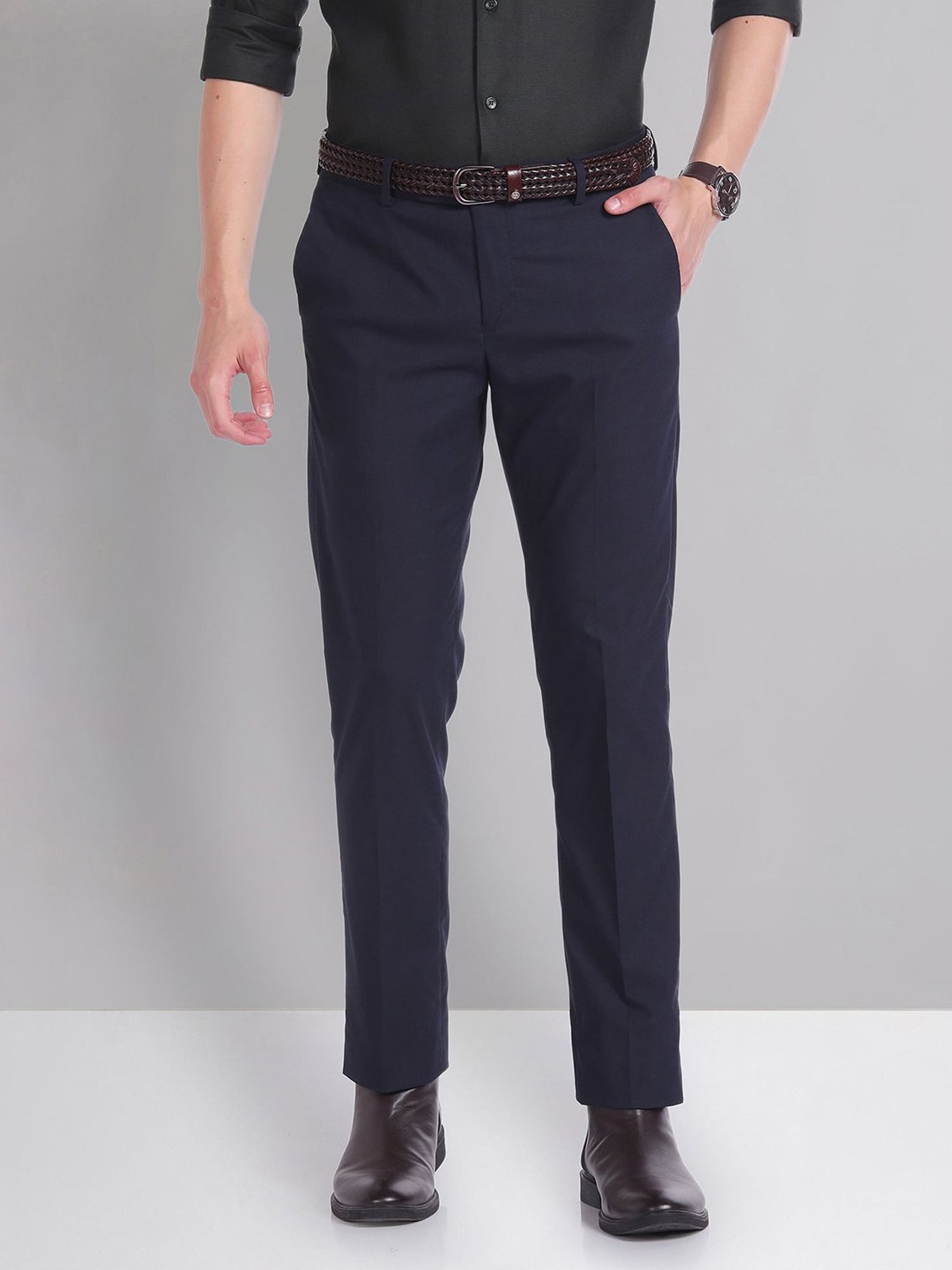AD by Arvind Navy Slim Fit Flat Front Trousers