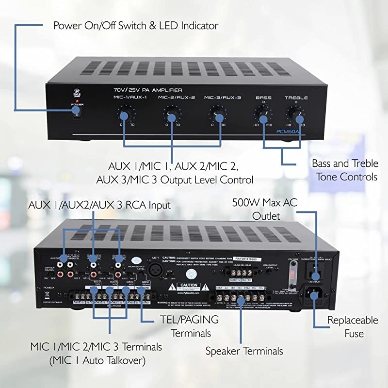 Compact Mini Home Power Amplifier - 100W Smart Indoor Audio Stereo Receiver w/ RCA, 3 Microphone IN, AUX, 25/70V Outputs, LED, Input Selector, For PA, Amplified Speaker Sound System  PCM60A Black