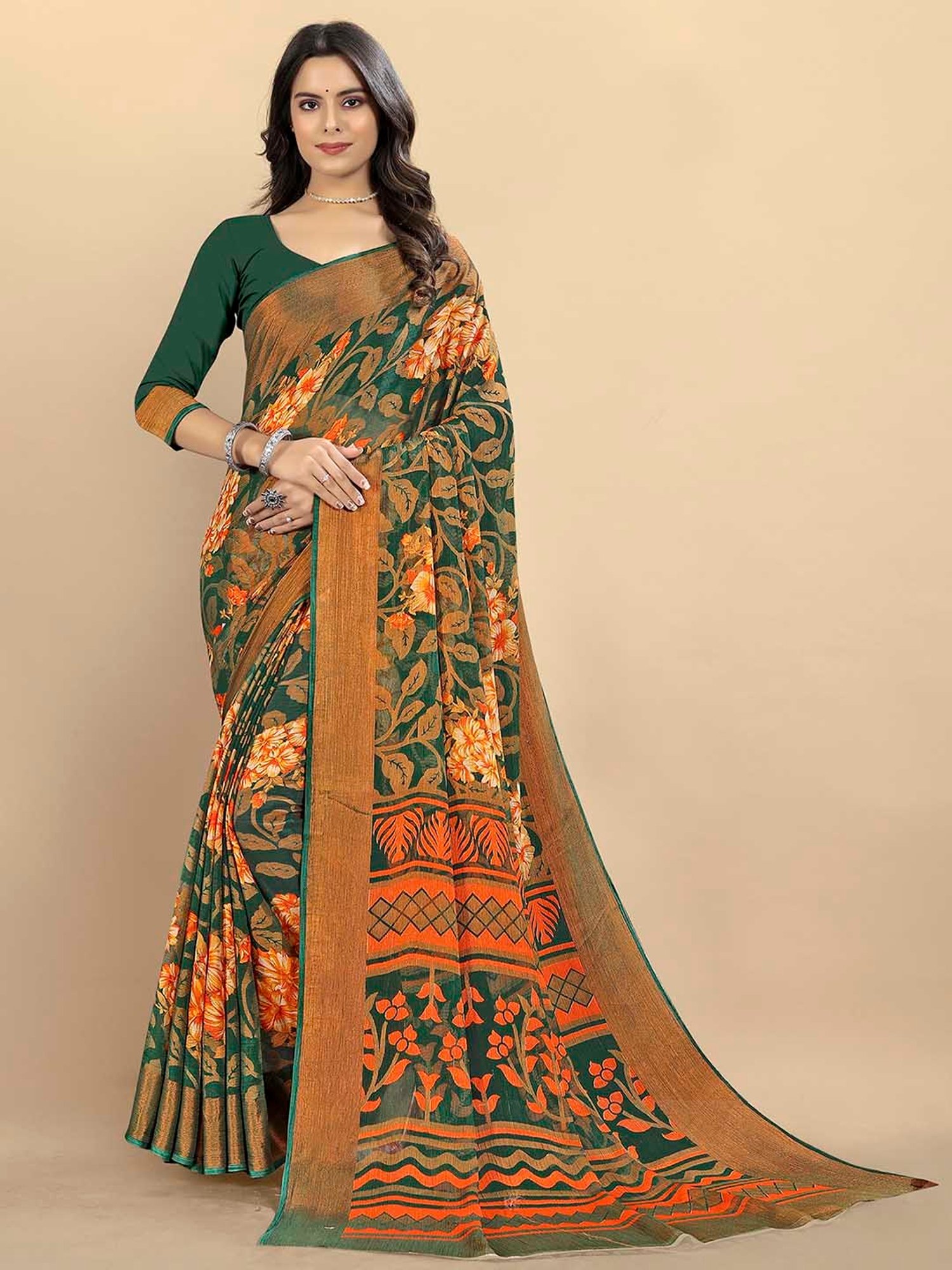 Rangita Green Printed Saree With Blouse