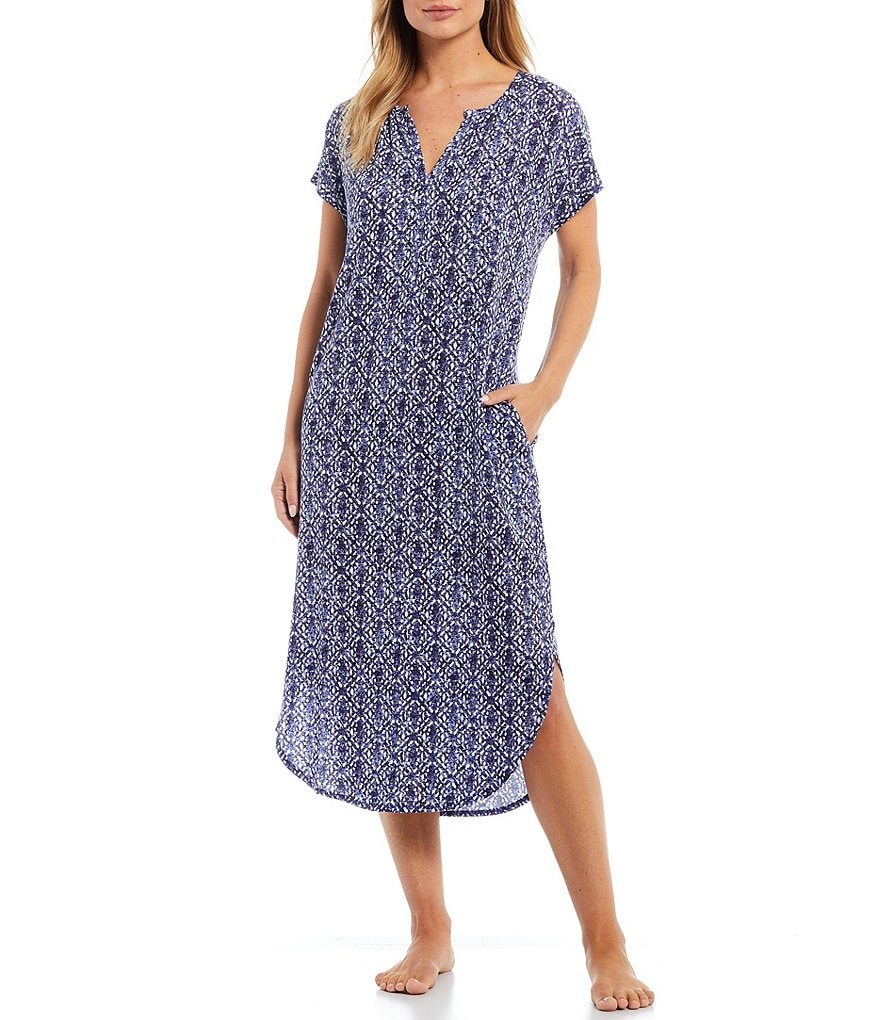 Nottibianche Printed Jersey Knit Short Sleeve Long Caftan