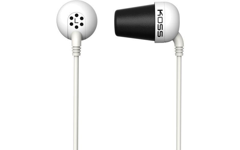 Koss Earphone - Stereo - White - Wired - 16 Ohm - 10 Hz 20 kHz - Earbud - Binaural - In-ear - 4 ft Cable