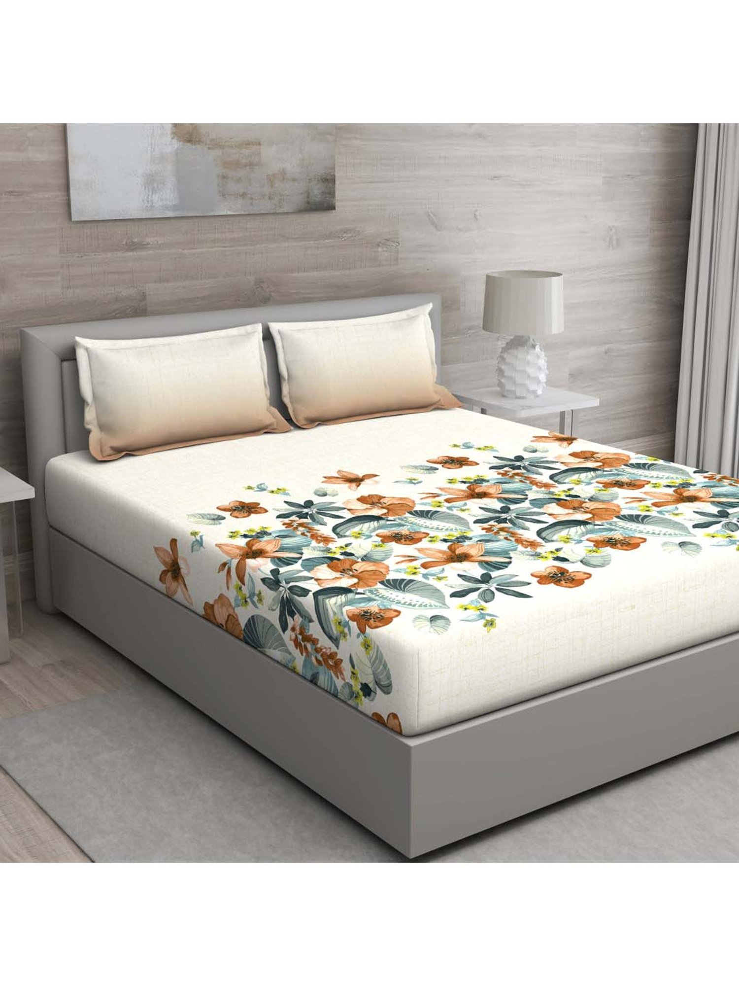 GM Off-White & Brown 100% Cotton 144 TC Queen Bedsheet Set