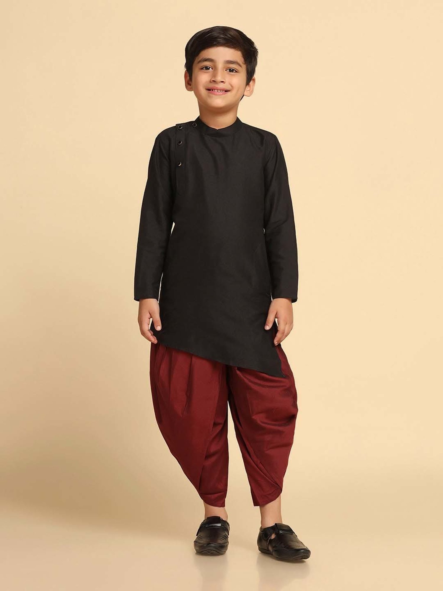 KISAH Kids Black & Brown Cotton Regular Fit Full Sleeves Kurta Set