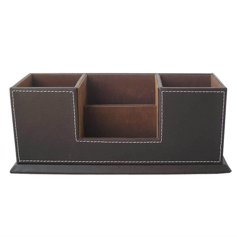 KINGFOM&trade; Double Holder Wood Leather Multi-Function Desk Stationery Organizer Dark Brown