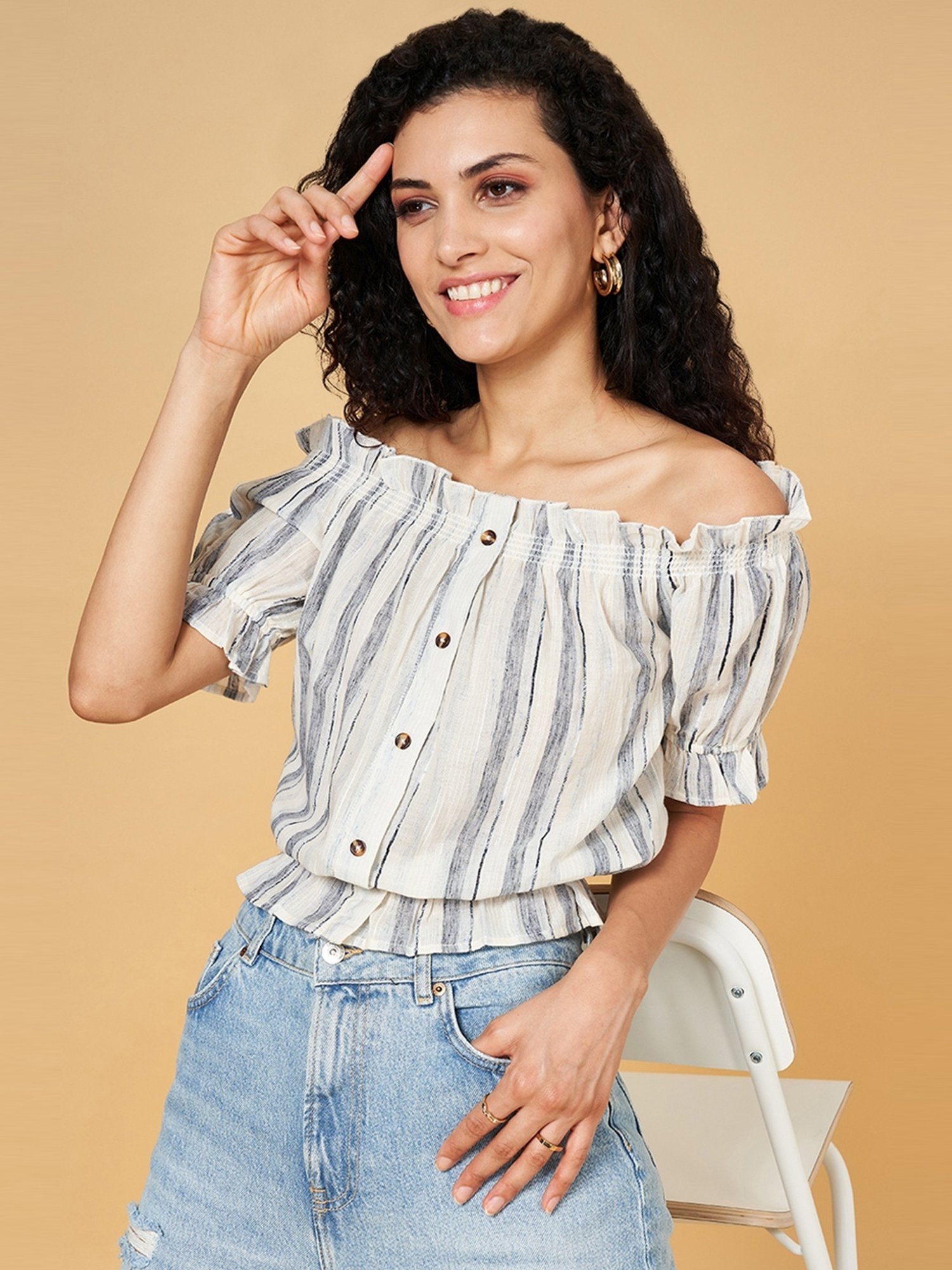 YU by Pantaloons Off-White Printed Top