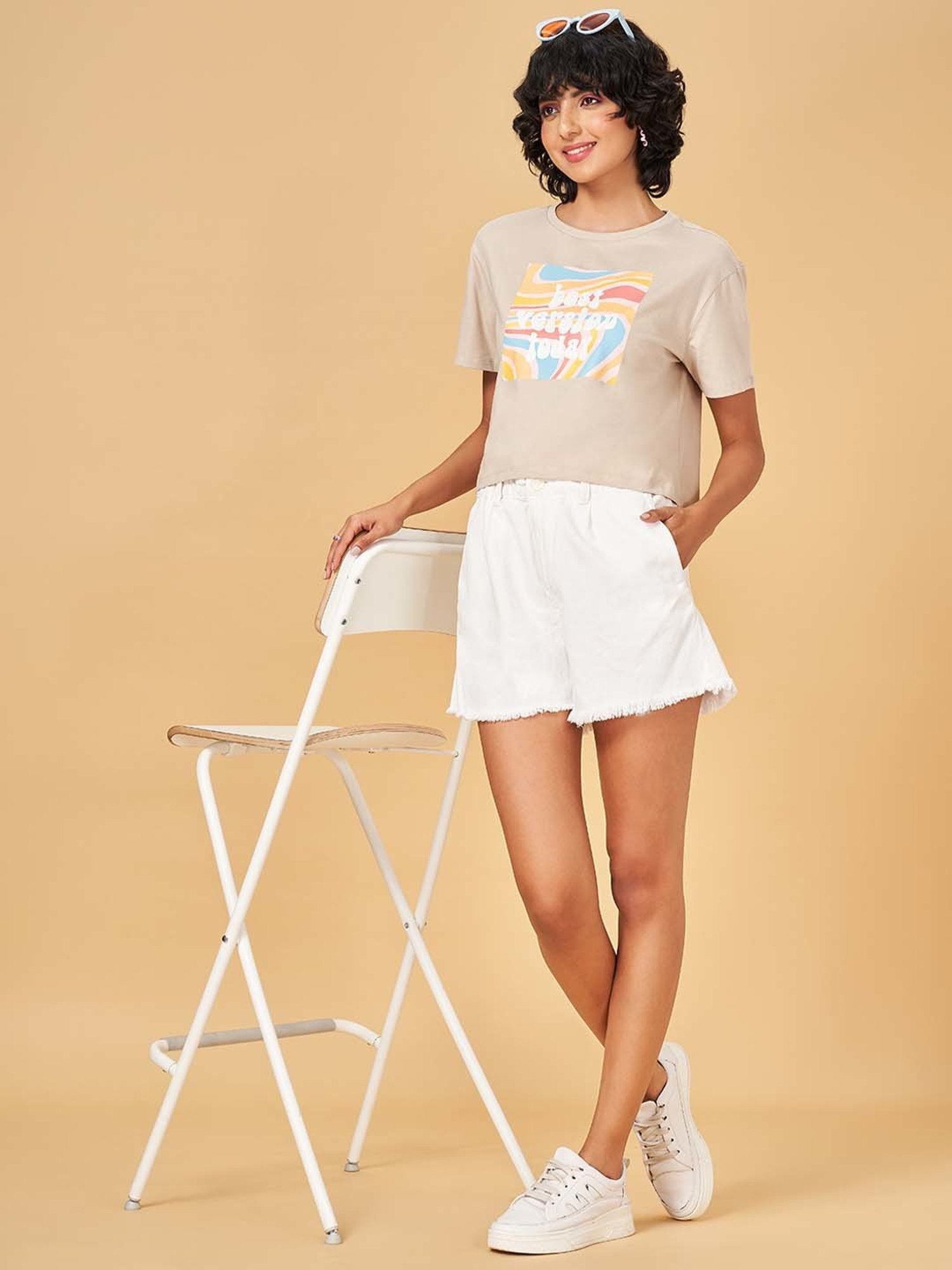 People by Pantaloons Beige Cotton Printed T-Shirt