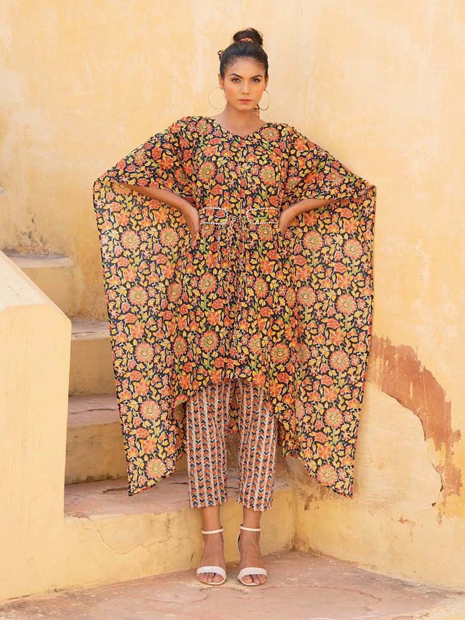 KAORI BY SHREYA AGARWAL Black & Mustard Cotton Printed Kaftan Pant Set
