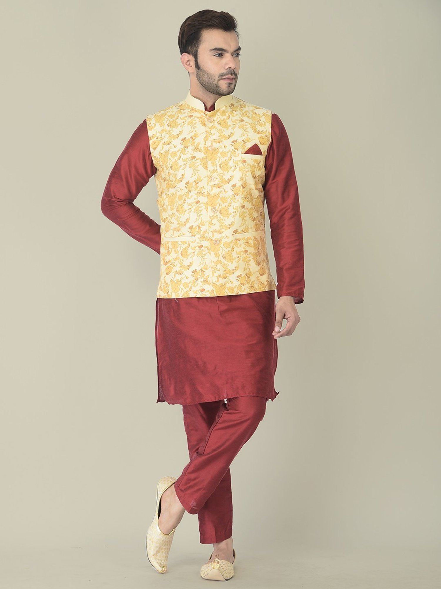 Deyann Maroon & Cream Cotton Regular Fit Printed Kurta Set With Jacket