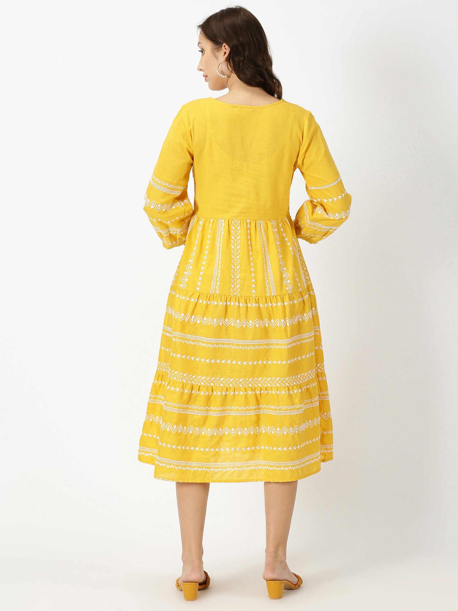 Saffron Threads Yellow Cotton Embroidered Ethnic Dress