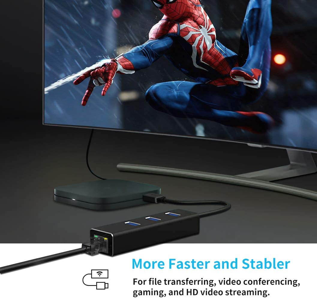 USB 3.0 Hub to 3x USB3.0 1x RJ45 Ethernet Adapter, with RJ45 10/100/1000 Gigabit Ethernet LAN Network to USB Adapter for Windows PC, Linux, MacBook, Ultrabook, Notebooks, Tablets, Aluminum (Black)