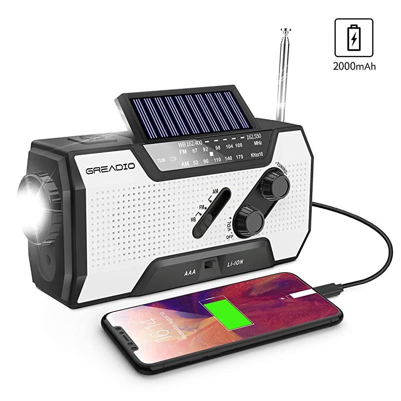 Weather Solar Crank AMFM NOAA Radio with Portable 2000mAh Power Bank Bright Flashlight and Reading Lamp for Household and Outdoor Survival
